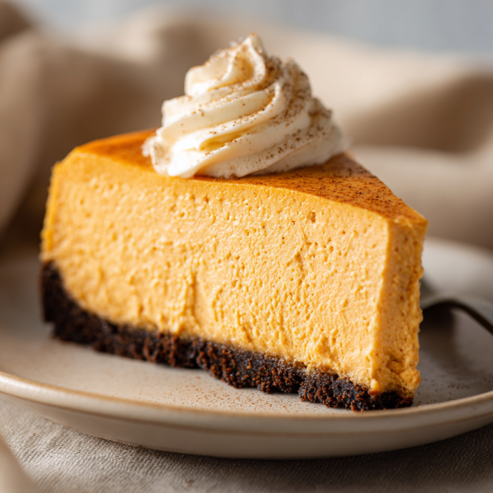A slice of pumpkin cheesecake with graham cracker crust on a light-colored plate.