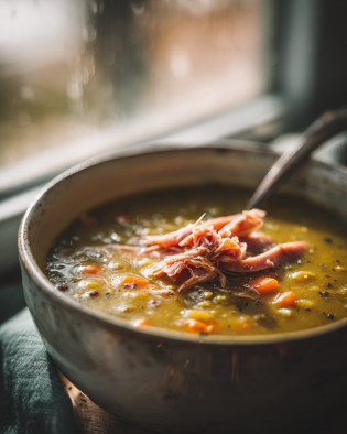 Split pea soup with ham bone and vegetables in a rustic bowl