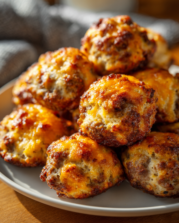 Golden Bisquick sausage balls with melted cheese served on a white plate
