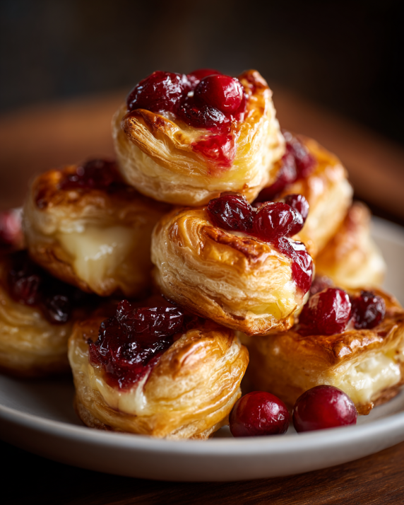 Golden puff pastry brie and cranberry bites with melted cheese oozing out