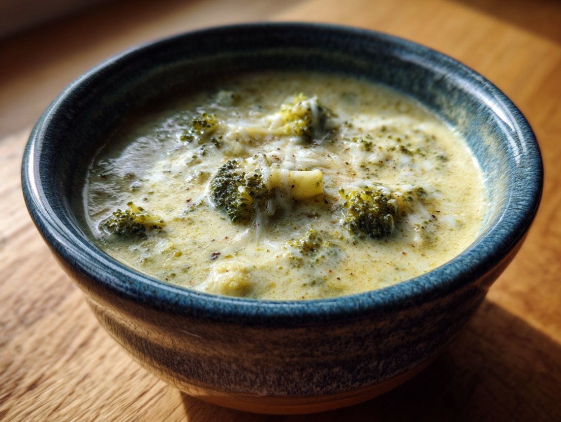 Broccoli cauliflower cheese soup in a bowl topped with melted cheddar