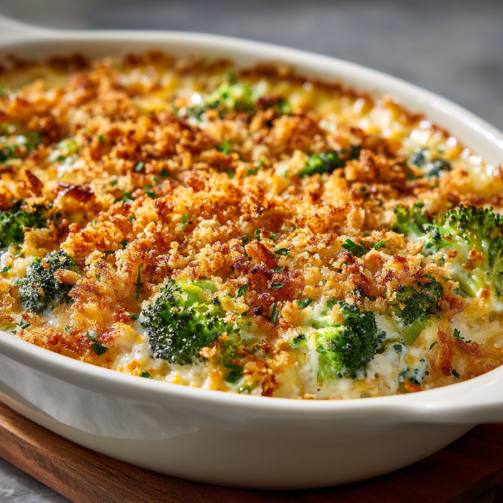 Broccoli chicken rice casserole with golden crispy topping in a white baking dish