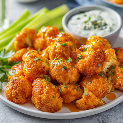 Buffalo cauliflower bites with celery and dip.