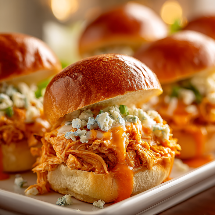 Buffalo chicken sliders with cheddar and blue cheese.