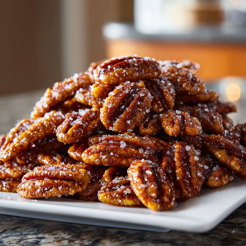 Candied Pecans coated with caramelized sugar and sprinkled with sea salt