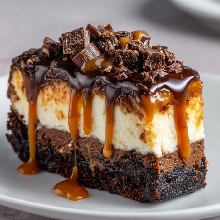 A slice of caramel brownie cheesecake topped with chocolate pieces and dripping caramel sauce.