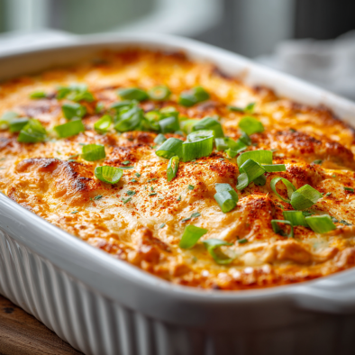 Cheesy buffalo chicken dip topped with green onions.