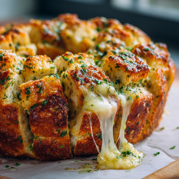 Cheesy pull-apart garlic bread ring with golden crust and stretchy melted mozzarella.