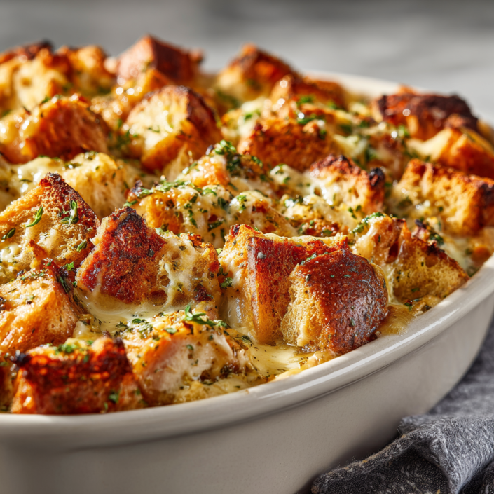 Chicken stuffing bake with golden bread cubes and herbs in a white casserole dish