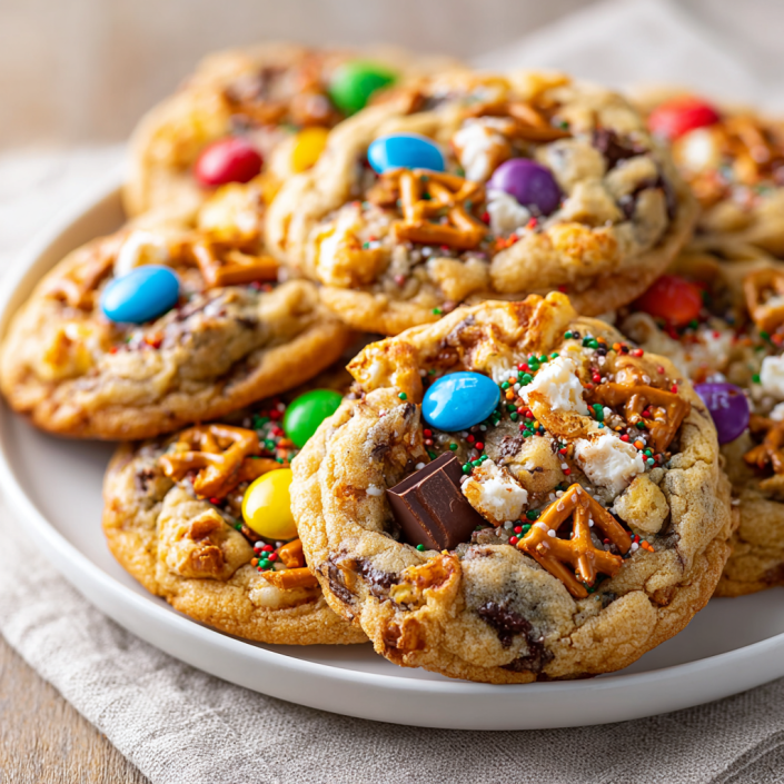 Christmas Kitchen Sink Cookies with M&Ms, pretzels, and chocolate chunks