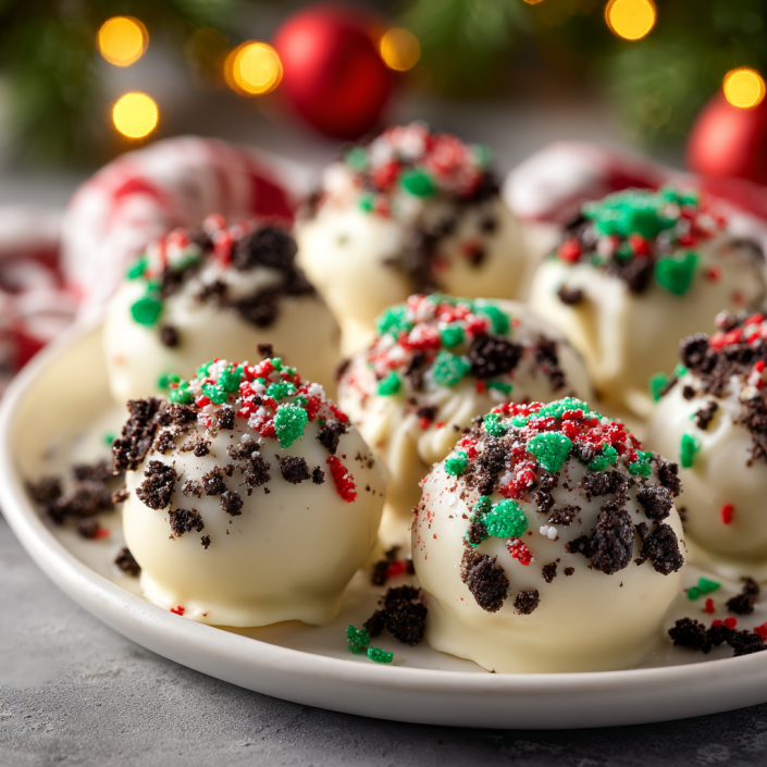 Christmas Oreo Balls covered in white chocolate and holiday sprinkles