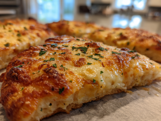 Golden cheesy bread slices topped with melted mozzarella and herbs