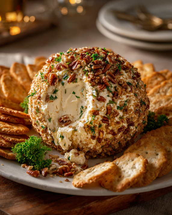 Classic cheese ball coated with pecans and herbs, served with crackers and toasted bread slices