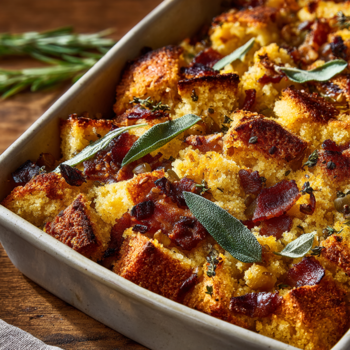 Cornbread stuffing with crispy bacon and fresh sage in a baking dish