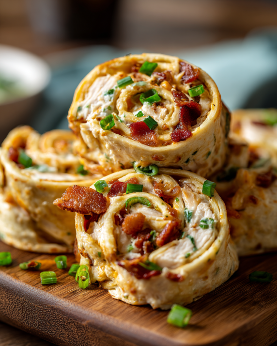 Crack chicken pinwheels filled with creamy cheese, bacon, and chicken stacked on a wooden board