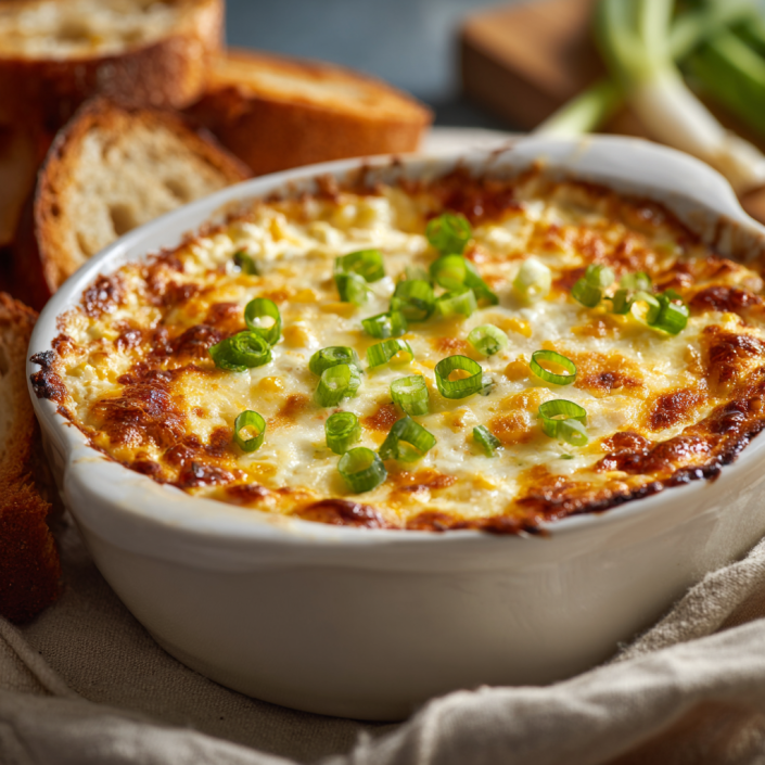 Baked crack corn dip with melted cheese and green onions.