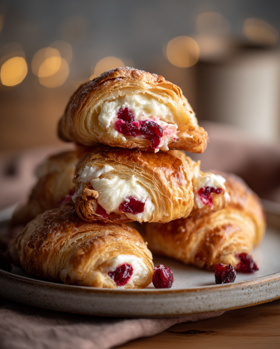 Golden crescent rolls filled with cream cheese and cranberries on a ceramic plate