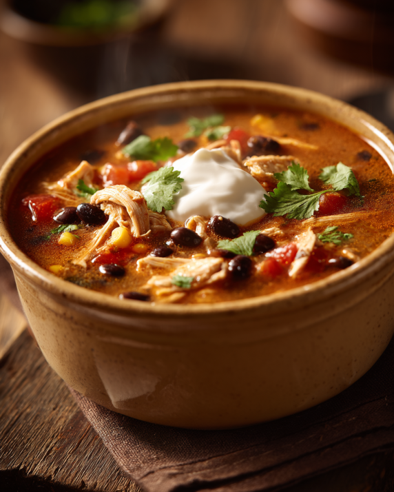 Creamy chicken tortilla soup with avocado and tortilla strips