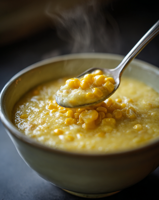 Creamy corn chowder with potatoes, bacon, and herbs in a bowl