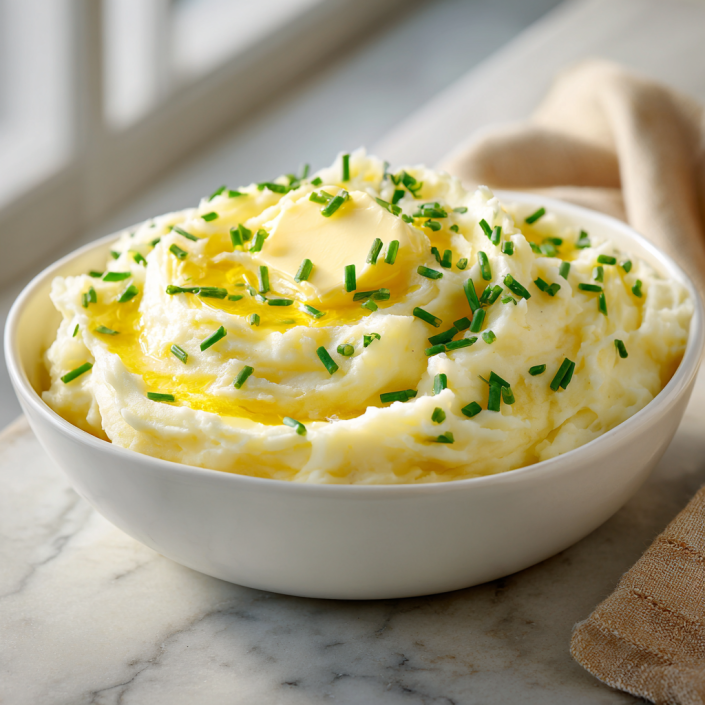 Creamy mashed potatoes with butter and chives in a white bowl