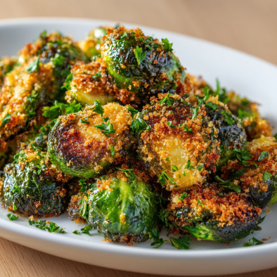 Crispy parmesan-crusted roasted Brussels sprouts with breadcrumbs and herbs