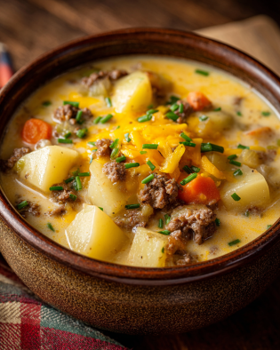 Creamy crockpot cheeseburger soup with ground beef and cheddar cheese