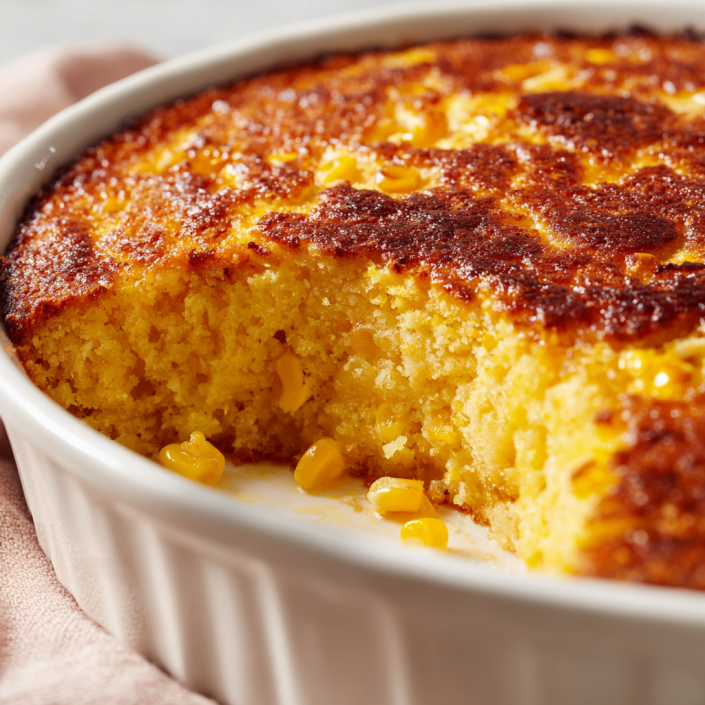 Easy Jiffy corn casserole with golden crust and whole corn kernels in a white baking dish