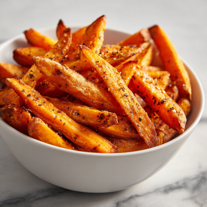 Crispy baked sweet potato fries in a white bowl