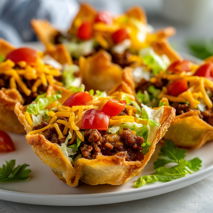 Taco cups with beef, cheese, lettuce, and tomatoes.