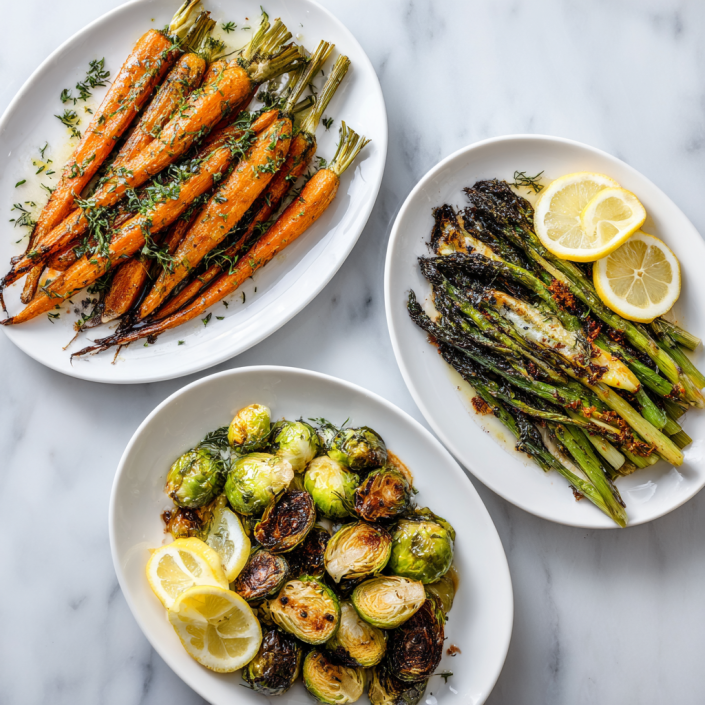 Assorted roasted vegetable side dishes including carrots, asparagus, and Brussels sprouts on white plates