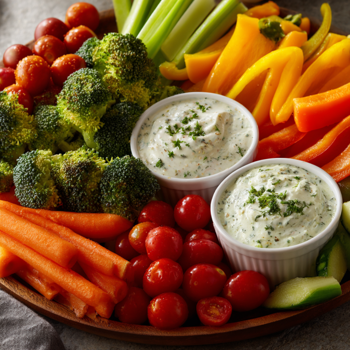 Fall vegetable platter with broccoli, carrots, cherry tomatoes, bell peppers, and creamy dips
