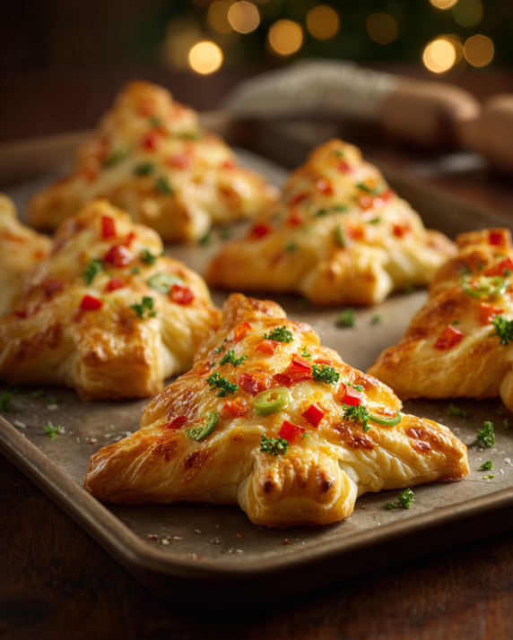 Christmas tree-shaped mini pizzas with melted cheese and colorful toppings on a baking tray