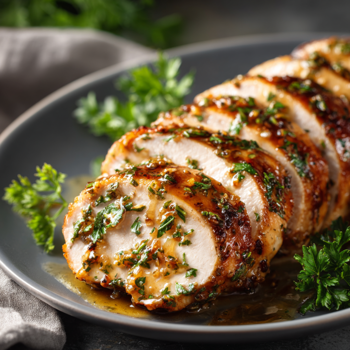 Garlic butter turkey tenderloin slices garnished with fresh parsley