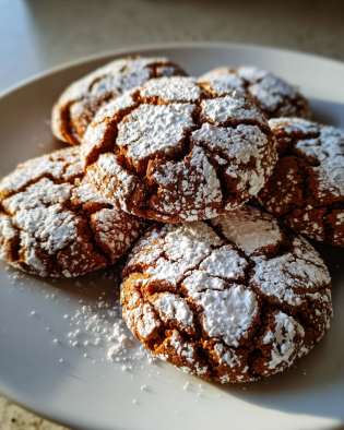 Gingerbread Crinkle Cookies coated in powdered sugar for the holidays