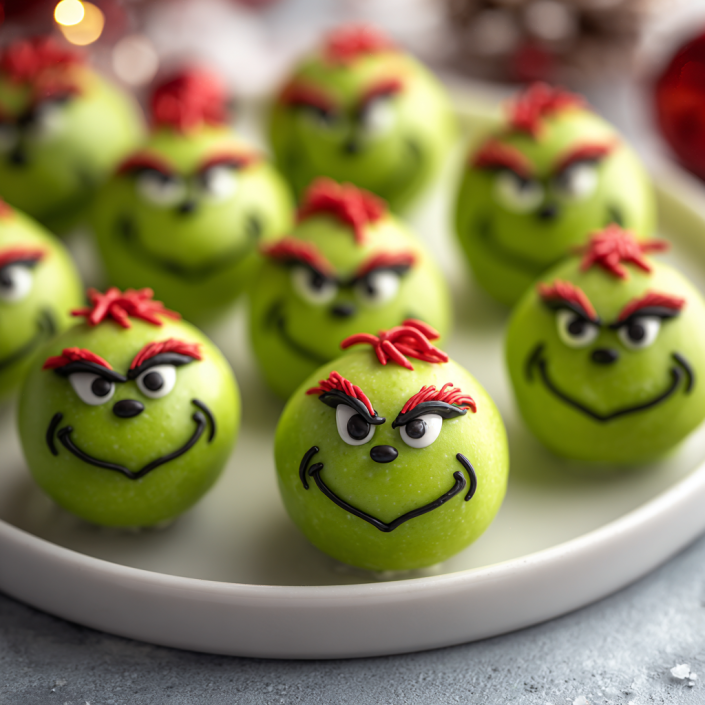 Grinch Oreo Balls with green frosting and red candy hair