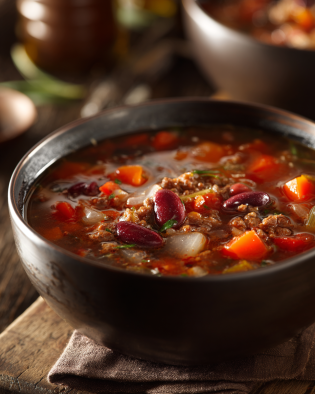 Hearty homemade beef soup with vegetables in winter