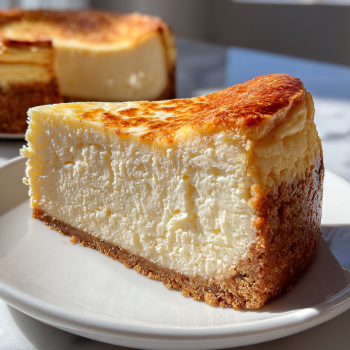 A slice of rich and creamy New York cheesecake with a golden top and graham cracker crust.