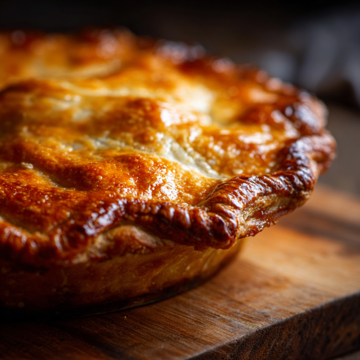 Close-up of a golden flaky pie crust with crimped edges.