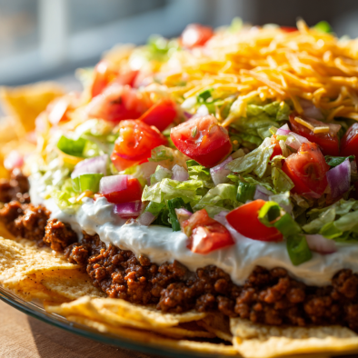 Layered taco dip with fresh toppings and tortilla chips.