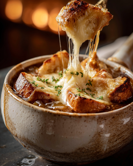 Homemade French onion soup with melted cheese and toasted bread