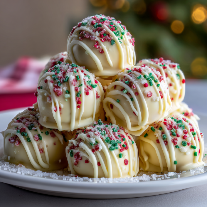 Little Debbie Christmas Tree Cake Truffles with white chocolate and sprinkles