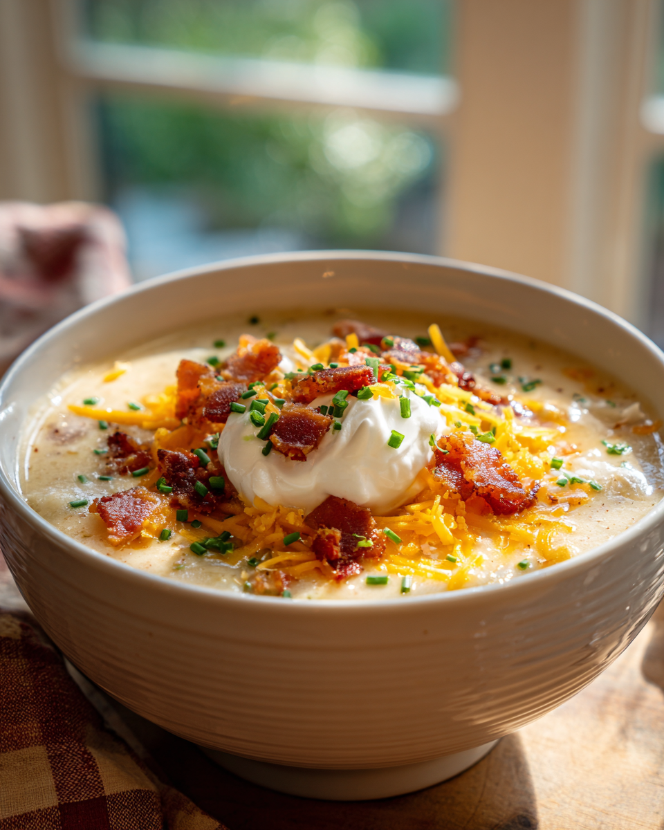 Creamy homemade loaded potato soup with bacon and cheese