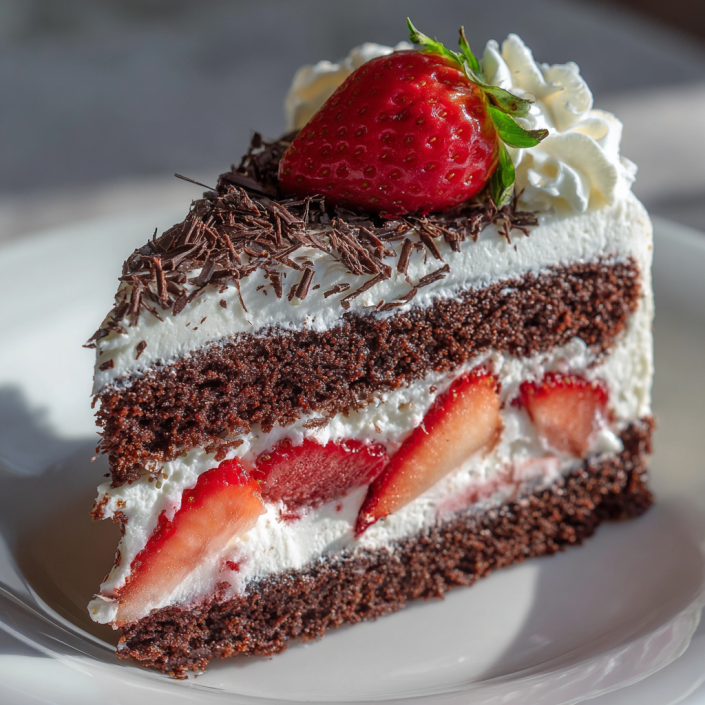 A slice of Neapolitan cake with chocolate, vanilla, and strawberry layers topped with whipped cream and strawberries.
