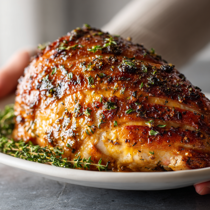 Oven-roasted turkey breast with crispy golden skin and herbs
