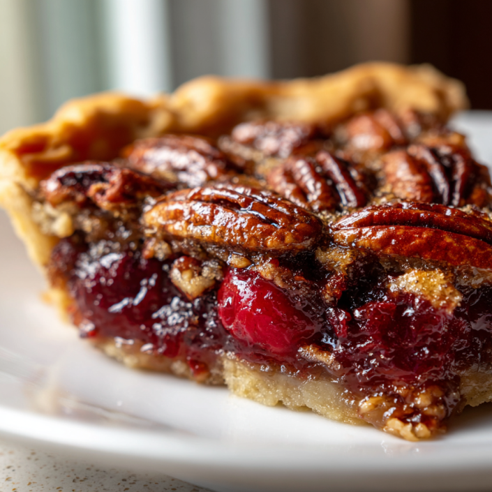 A slice of pecan pie cobbler with caramelized pecans and fruit filling on a white plate.