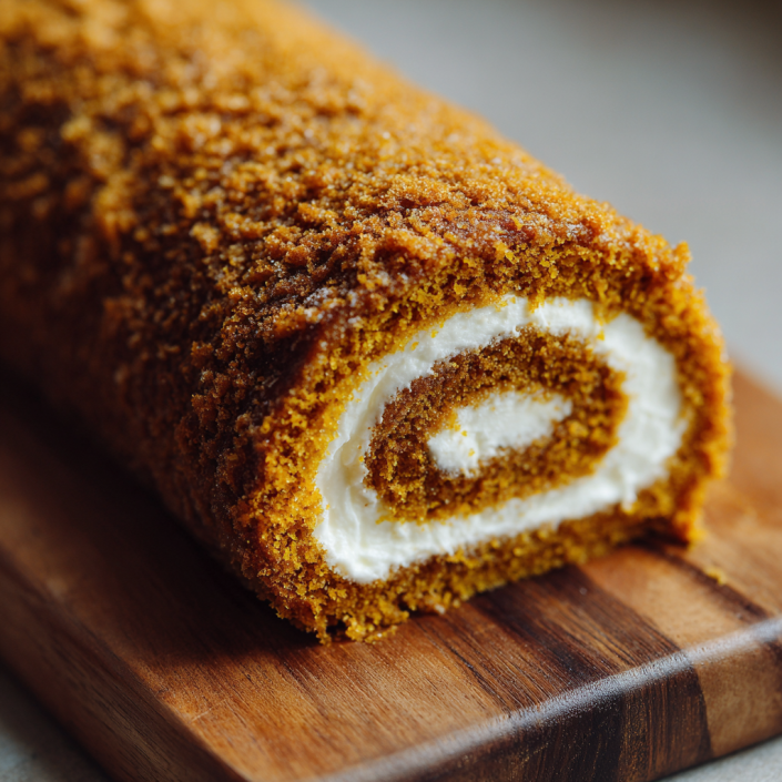 Pumpkin roll cake with cream cheese filling on a wooden board.