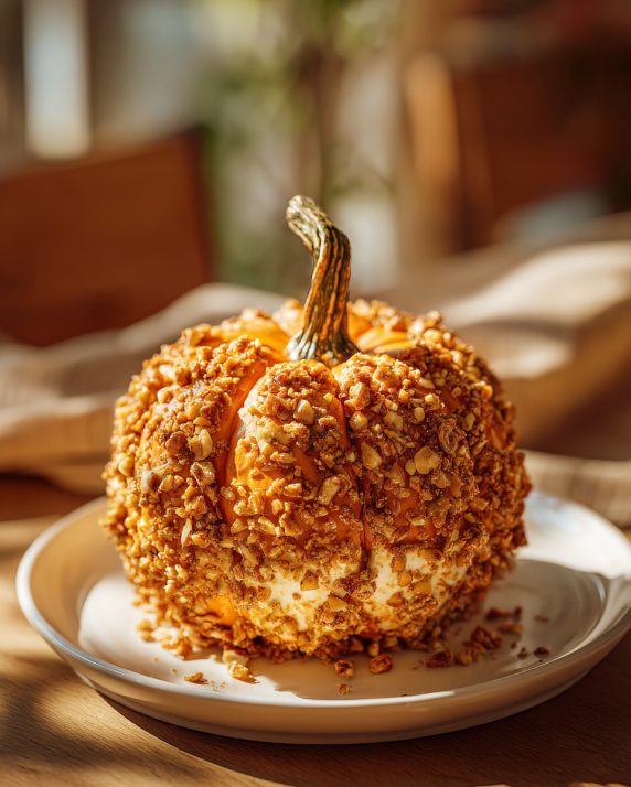 Pumpkin-shaped cheese ball coated in crushed nuts with a real pumpkin stem on top