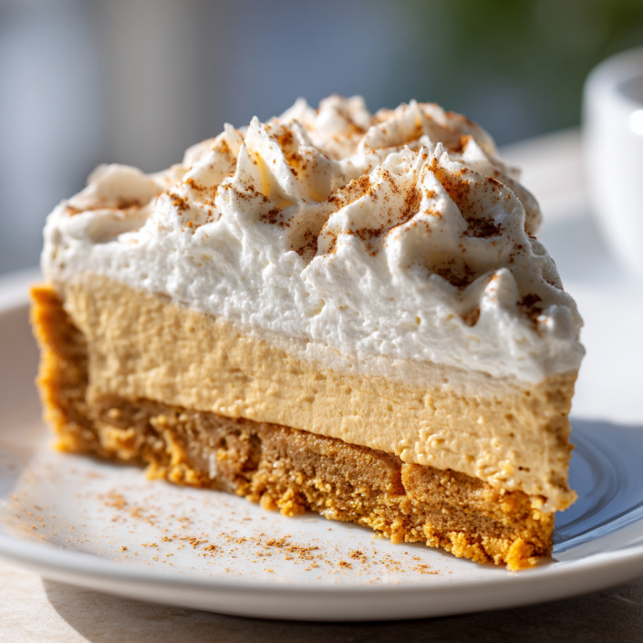 A slice of pumpkin cheesecake with whipped cream and cinnamon on a white plate.