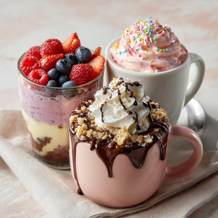 Trio of quick desserts including yogurt parfait, mug cake, and pink whipped treat