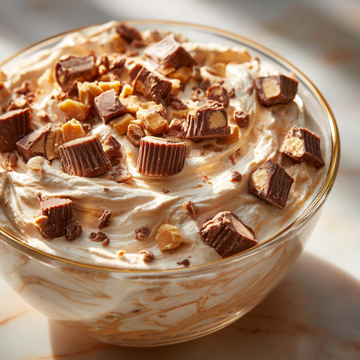 Peanut butter fluff topped with chopped REESE’S cups.